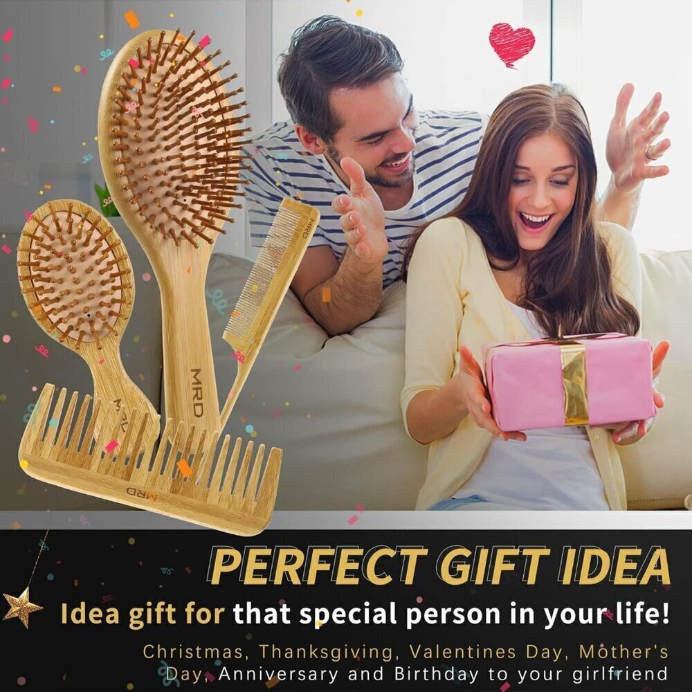 Hair Brush Set, Natural Bamboo Comb Paddle Detangling Hairbrush, Wide-tooth and - Picture 7 of 9